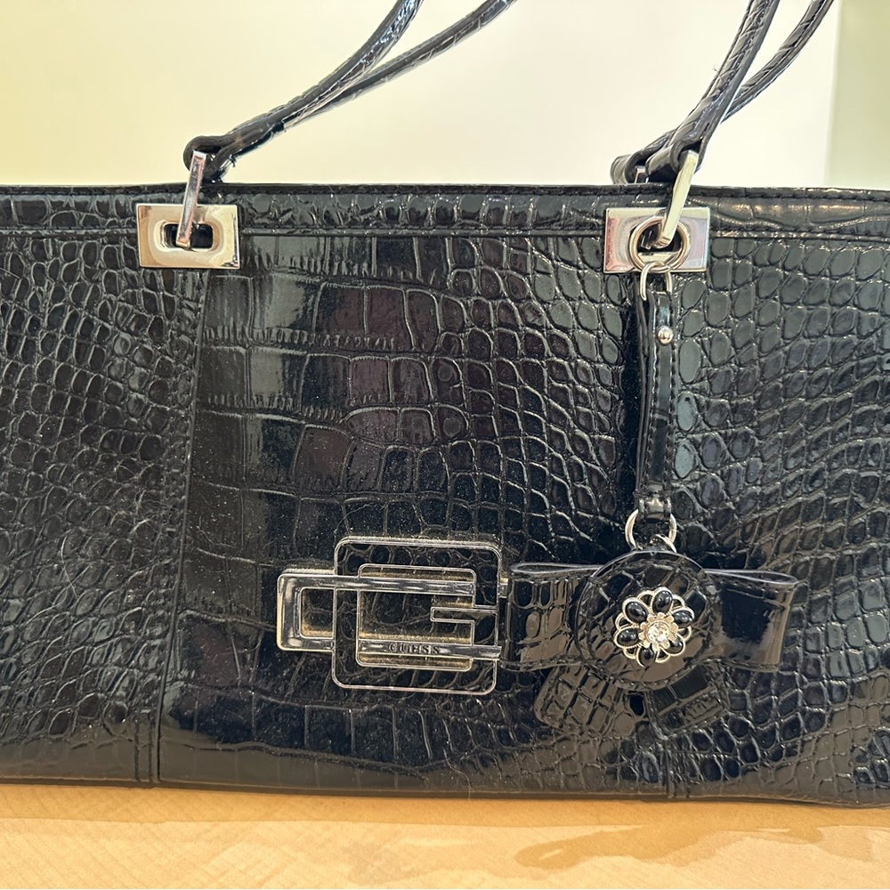Elegant Black Crocodile-Embossed GUESS Handbag